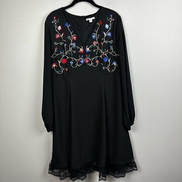 Women’s boho embroidered black chiffon fit flare cocktail  plus size 16 dress - Picture 1 of 10